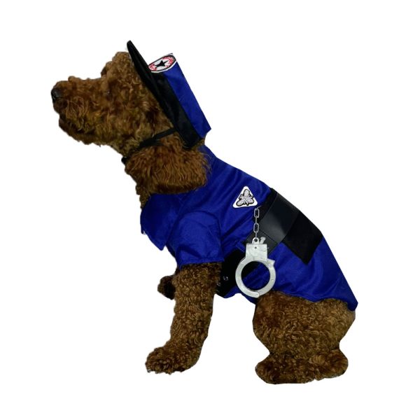 Side view of Poppy in police costume showing uniform details and cap