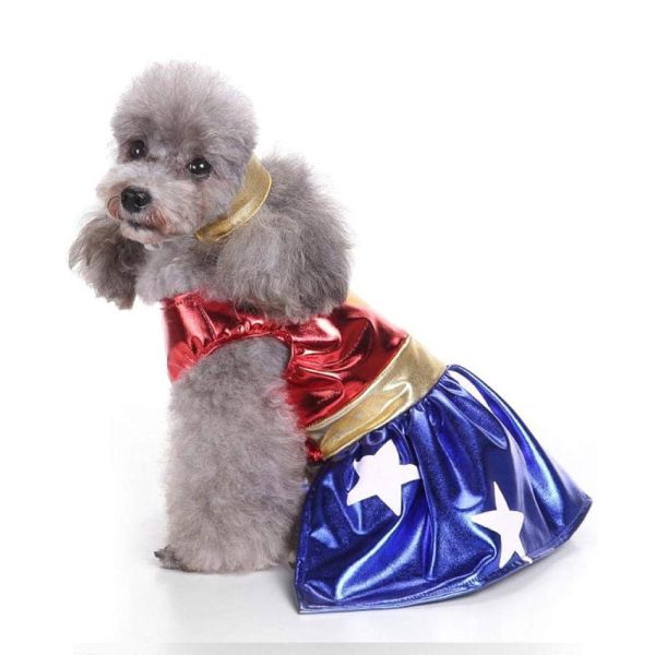Side view of dog in Wonder Woman dog costume showing cape and gold belt