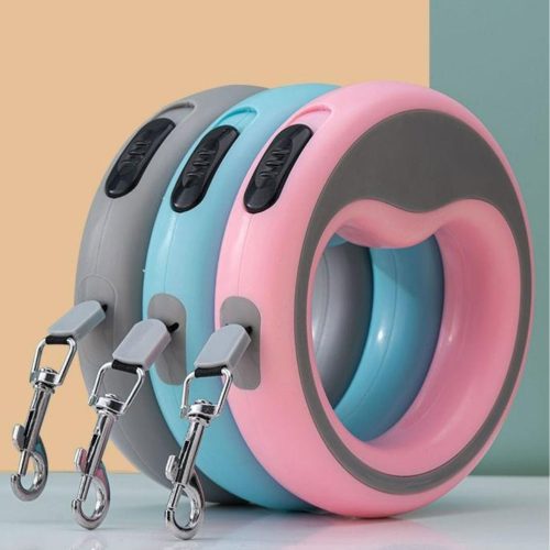 2.5M retractable dog lead in light blue, soft pink, and sleek grey, showcasing all three colours.