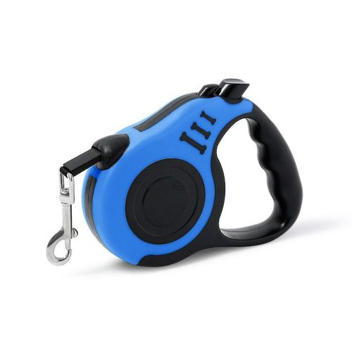 Retractable dog lead in blue, designed with an anti-slip handle for secure control and comfort during walks.