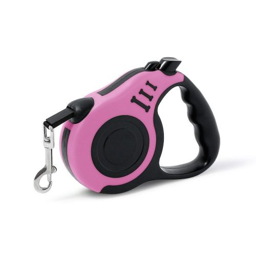 Retractable dog lead in pink, featuring an ergonomic handle for comfortable grip and easy control.