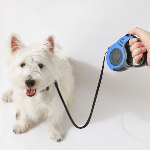 Westie dog walking on a 3m retractable blue lead, showcasing the ergonomic handle and secure control during walks.