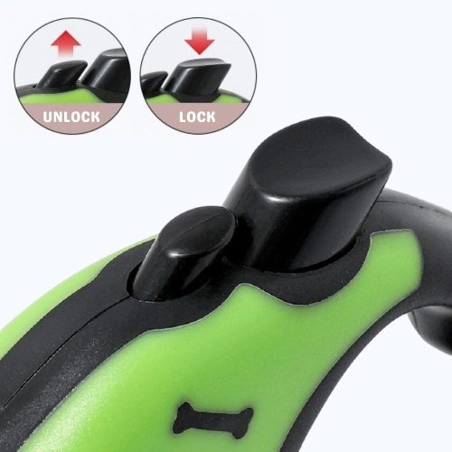 Close-up of the green retractable dog lead, highlighting the two easy-to-use lock-and-unlock buttons for effortless control.