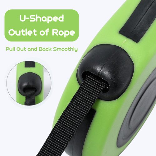 Green retractable dog lead with smooth extension from the U-shaped outlet, showcasing easy retraction and tangle-free design.