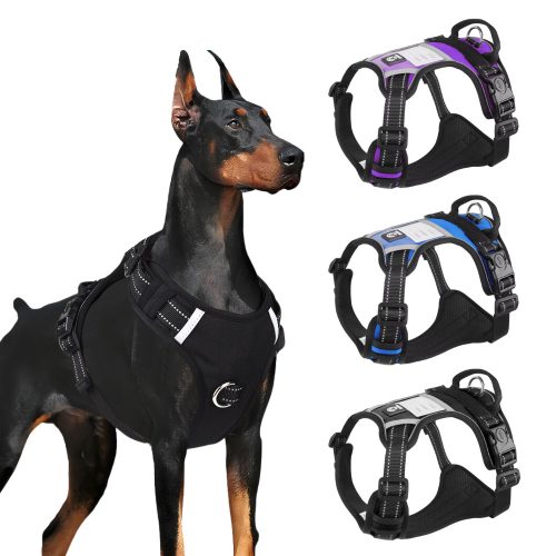 Image showcasing the three available colours of the Reflective Tactical Dog Harness, with a dog modelling the sleek black design.