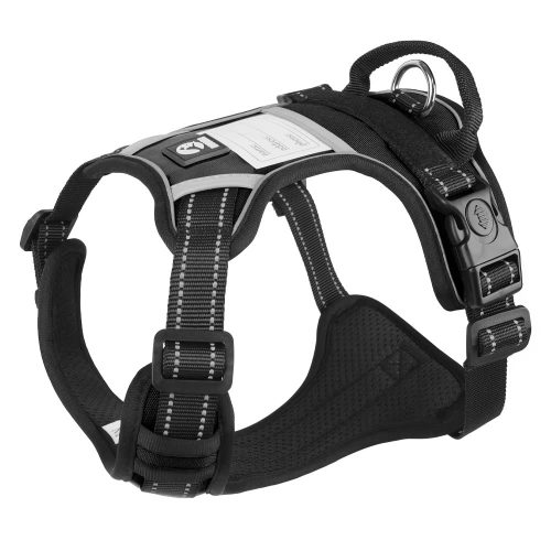 Black Reflective Tactical Dog Harness showcasing a sleek and durable design, made with high-quality materials for comfort and control. Perfect for everyday use and adventures.