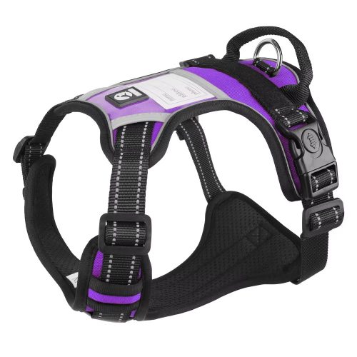 Purple Reflective Tactical Dog Harness featuring a vibrant colour and sturdy construction, designed for comfort, durability, and secure control during walks and outdoor activities.