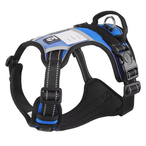 Blue Reflective Tactical Dog Harness featuring a vibrant colour and sturdy construction, designed for comfort, durability, and secure control during walks and outdoor adventures.