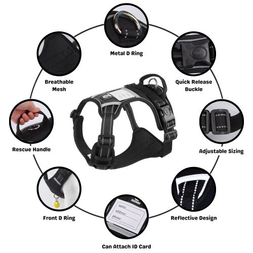 Black reflective tactical dog harness featuring high-gloss reflective detailing, durable double-strand Oxford cloth, sturdy metal buckles, a built-in soft handle, and secure D-rings for lead attachment. Designed for comfort, control, and visibility in low-light conditions.