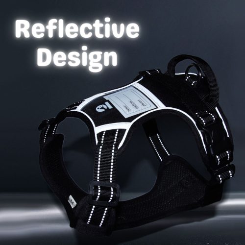 Reflective Tactical Dog Harness showing the features of the reflective design in colour black.