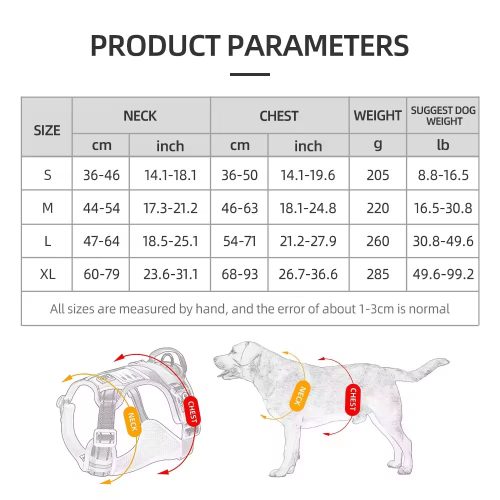 Size Guide for Reflective Tactical Dog Harness.