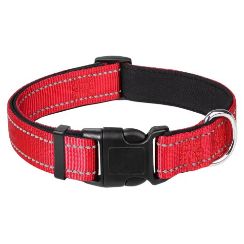 Red Reflective Nylon Dog Collar with an adjustable strap, neoprene padding for comfort, reflective stitching for visibility, and a strong stainless steel D-ring for lead attachment.