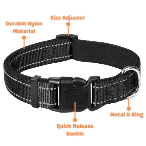 Black Reflective Nylon Dog Collar showcasing features like adjustable strap, soft neoprene padding, reflective stitching, and sturdy stainless steel D-ring for lead attachment.