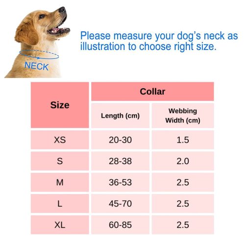 Size Guide of the Reflective Nylon Dog Collar.