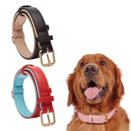 Luxury Soft Padded Leather Dog Collar – Full Colour Range Displayed, Featuring Light Pink Collar Worn by a Dog for Style and Comfort.