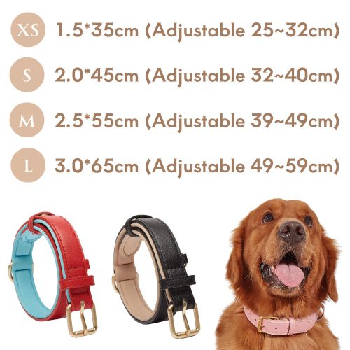 Luxury Soft Padded Leather Dog Collar – Full Colour Range with Size Options Displayed, Featuring Light Pink Collar on a Dog for Style and Comfort.