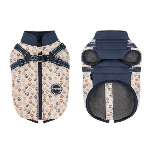 Navy blue waterproof dog coat with paw-print fabric, featuring a built-in harness and reflective strips.