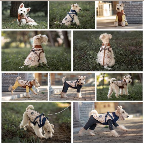 Collage showcasing a high-quality navy blue dog puffer coat with paw-print design, built-in harness, fleece lining, and reflective elements for warmth, safety, and winter adventures.