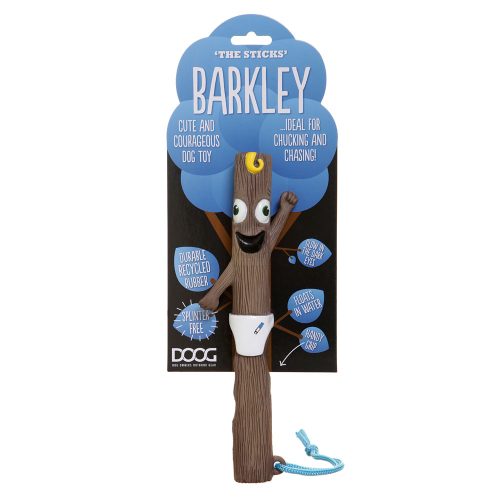 A compact and eco-friendly dog fetch toy, Baby Barkley, from the DOOG Stick family. Made from recycled rubber, featuring glow-in-the-dark eyes, a rope handle, and a lightweight, splinter-free design.