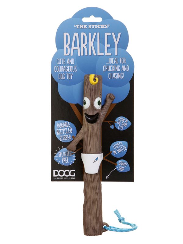 A compact and eco-friendly dog fetch toy, Baby Barkley, from the DOOG Stick family. Made from recycled rubber, featuring glow-in-the-dark eyes, a rope handle, and a lightweight, splinter-free design.