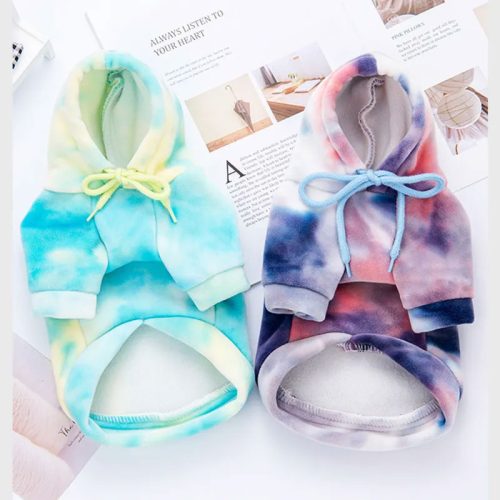 Trendy tie-dye dog hoodie in two stylish designs, great for comfort and warmth in spring.