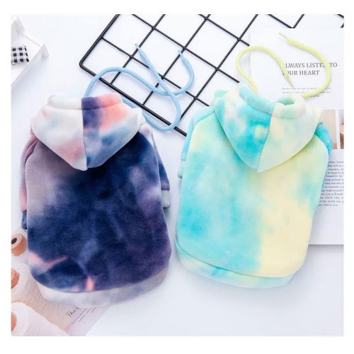 Soft and comfortable tie-dye dog hoodie for small and medium dogs, perfect for walks and car trips.