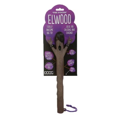 A photo of Elwood, the eco-friendly dog fetch stick toy from the DOOG Stick family, featuring a splinter-free design, glow-in-the-dark eyes, and a rope handle for easy throwing.
