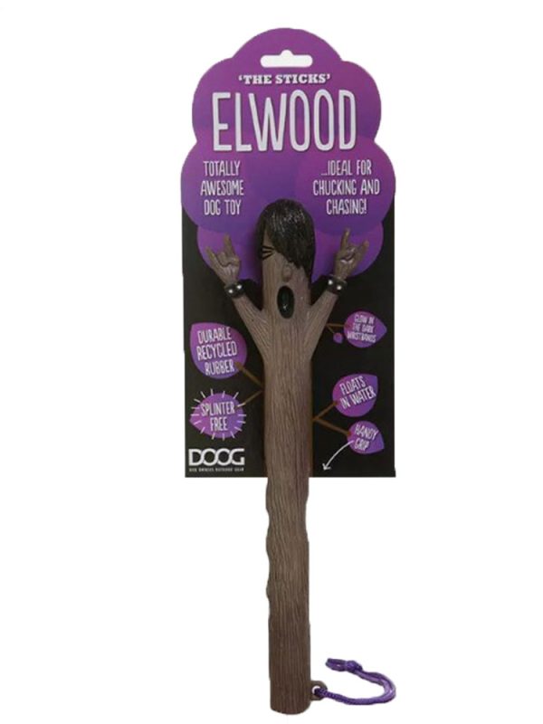 A photo of Elwood, the eco-friendly dog fetch stick toy from the DOOG Stick family, featuring a splinter-free design, glow-in-the-dark eyes, and a rope handle for easy throwing.