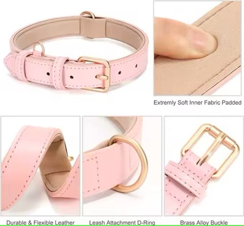 Luxury Soft Padded Leather Dog Collar in Light Pink – Showcasing Features Including Anti-Rust Buckle and Dual D-Rings for Lead and ID Tag Attachment.