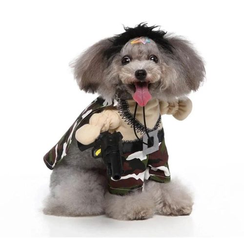 Dog wearing the Bark Army Dog Costume, a camouflage-style outfit designed for a fun military look. Perfect for Halloween, themed events, and photoshoots.