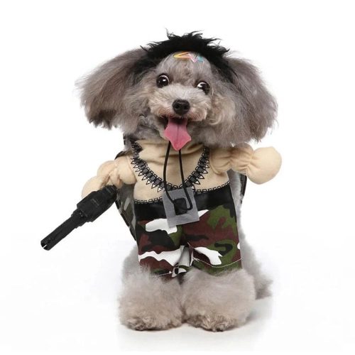 Dog wearing the Bark Army Dog Costume, a camouflage-style outfit designed for a fun military look. Perfect for Halloween, themed events, and dress-up occasions.