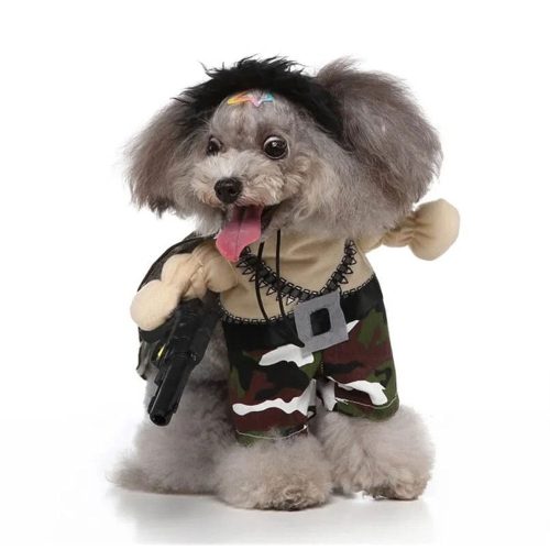 Dog wearing the Bark Army Dog Costume, a soldier-style outfit featuring a camouflage design. Perfect for themed events, Halloween, and dress-up fun.