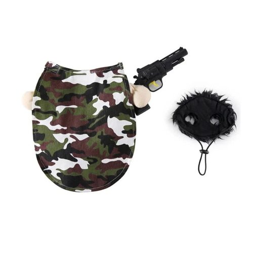 Bark Army Dog Costume laid flat, featuring a classic camouflage design. A lightweight and comfortable outfit, perfect for themed events, Halloween, and dress-up occasions.