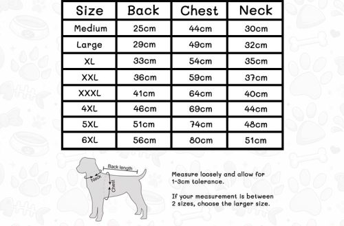 Size chart for Elite Puffer Dog Coat and Elite Comfort Harness Dog Coat