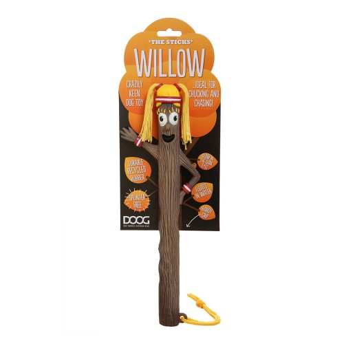 A product image of Willow, the eco-friendly dog fetch stick toy from the DOOG Stick family, featuring a durable recycled rubber design, glow-in-the-dark eyes, and a rope handle for easy throwing. Perfect for safe outdoor play and water adventures.