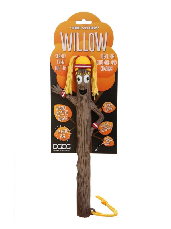 A product image of Willow, the eco-friendly dog fetch stick toy from the DOOG Stick family, featuring a durable recycled rubber design, glow-in-the-dark eyes, and a rope handle for easy throwing. Perfect for safe outdoor play and water adventures.