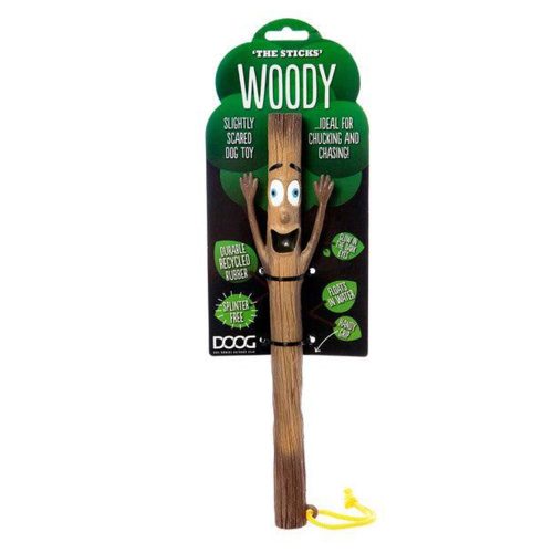 Woody, the durable and eco-friendly dog fetch toy from the DOOG Stick family. Crafted from recycled rubber, with glow-in-the-dark eyes, a sturdy rope handle, and a splinter-free design perfect for outdoor adventures.