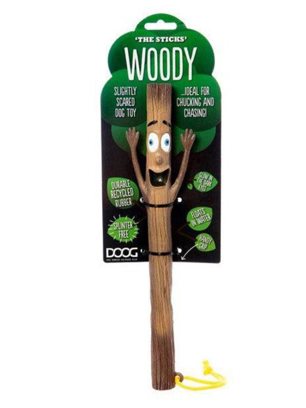 Woody, the durable and eco-friendly dog fetch toy from the DOOG Stick family. Crafted from recycled rubber, with glow-in-the-dark eyes, a sturdy rope handle, and a splinter-free design perfect for outdoor adventures.