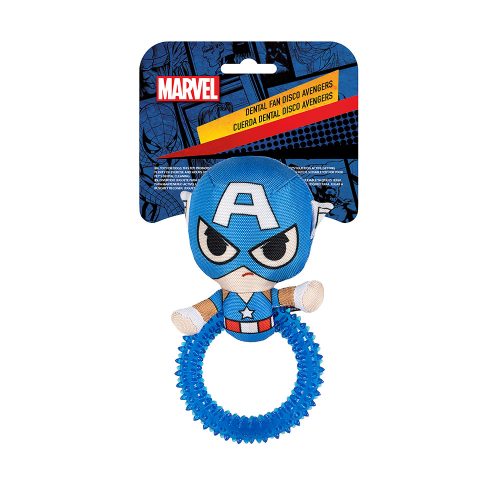 Captain America Dog Teether Toy displayed in full retail packaging, showing the complete toy design and official Marvel branding.