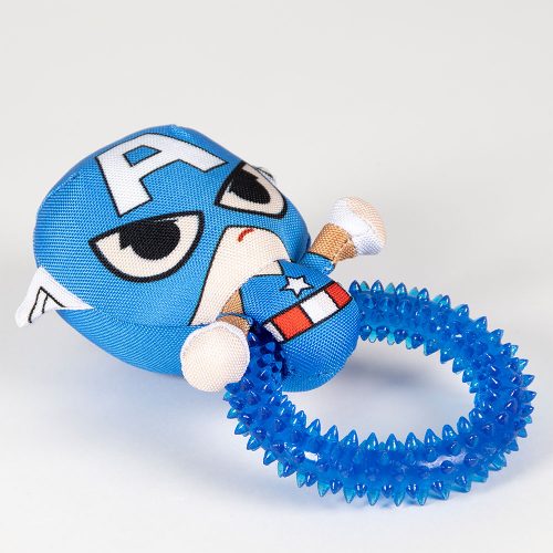 Captain America Dog Teether Toy laid flat to display its circular shape, plush surface, and durable chew section.
