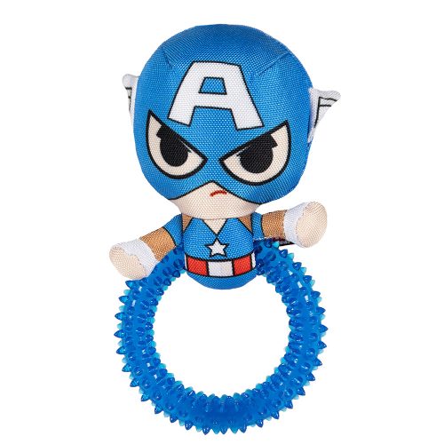 Front view of the Captain America Dog Teether Toy featuring a bold star emblem and textured teething ring.