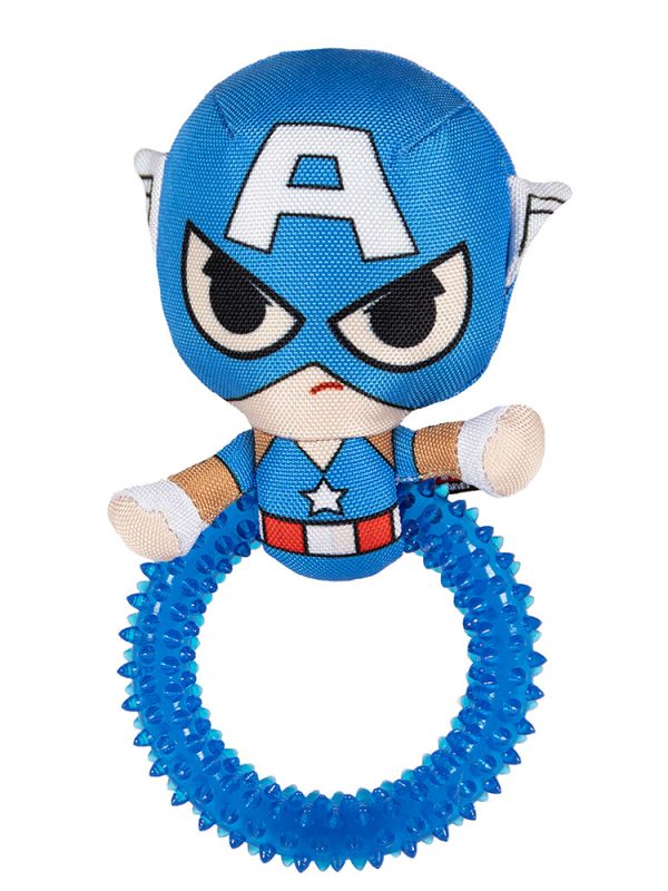 Front view of the Captain America Dog Teether Toy featuring a bold star emblem and textured teething ring.