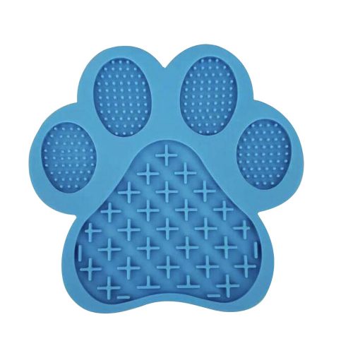 Blue paw-shaped dog lick mat with textured surface and strong suction cups for secure attachment.