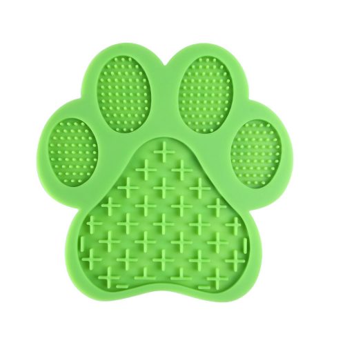 Green paw-shaped dog lick mat designed for anxiety relief, slow feeding, and mental stimulation.