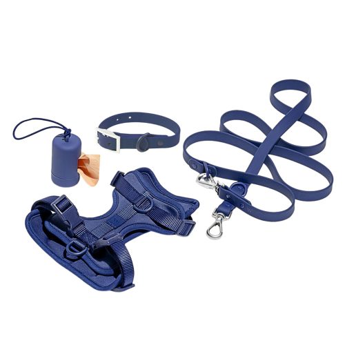 No Pull Dog Harness Set in Navy Blue, featuring harness, waterproof collar, lead, and poo bag holder.