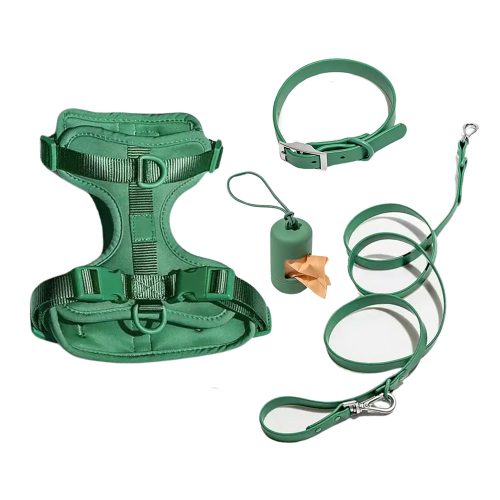 No Pull Dog Harness Set in Green, featuring harness, waterproof collar, lead, and poo bag holder.