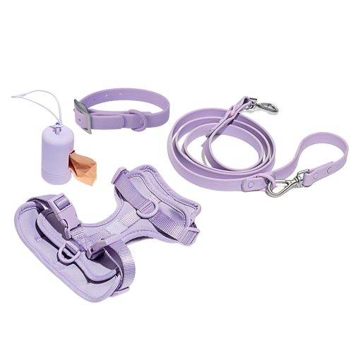 No Pull Dog Harness Set in Light Purple, displaying harness, waterproof collar, lead, and poo bag holder.