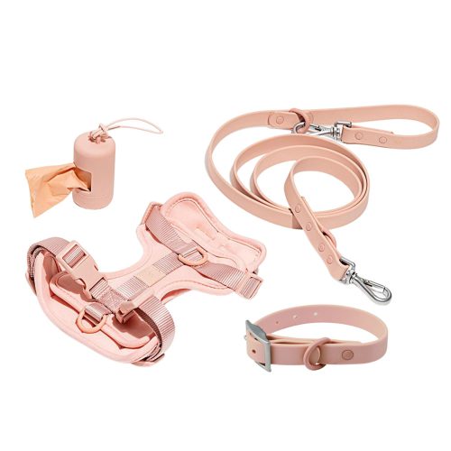 No Pull Dog Harness Set in Beige Pink, showcasing harness, waterproof collar, lead, and poo bag holder.