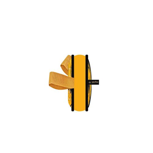 Side view of Harry Potter Squeaky Chew Dog Toy – Golden Snitch Design. with yellow strap handles on both sides for tugging and gripping.