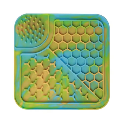 Vibrant multi-colour silicone dog lick mat designed to reduce anxiety, promote healthy digestion, and provide a soothing distraction for dogs.